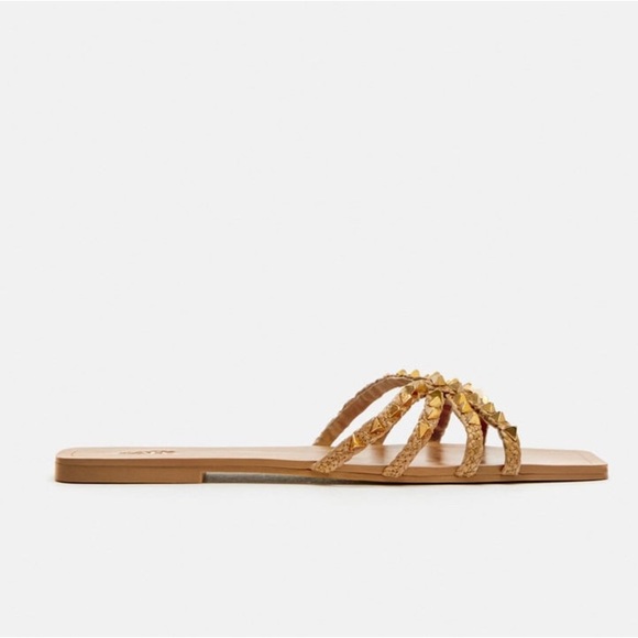 NWT. Zara Brown Strappy Flat Slider Sandals with Stud Details. Size 8. - Picture 2 of 7